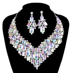 Statement Ab Shiny Crystal Square Necklace Earrings Women Party Show Jewelry Sets Costume Jewellery Brides Accessories Gifts