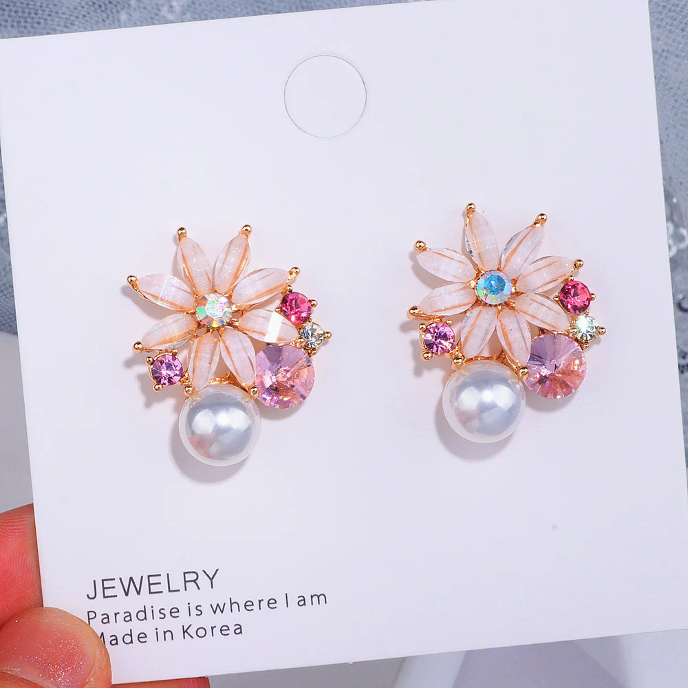 2022 Korean Style Fashion Flower Stud Earrings For Women Girls Big Sweet Crystal Earrings Femme Brinco Summer Jewelry Gifts