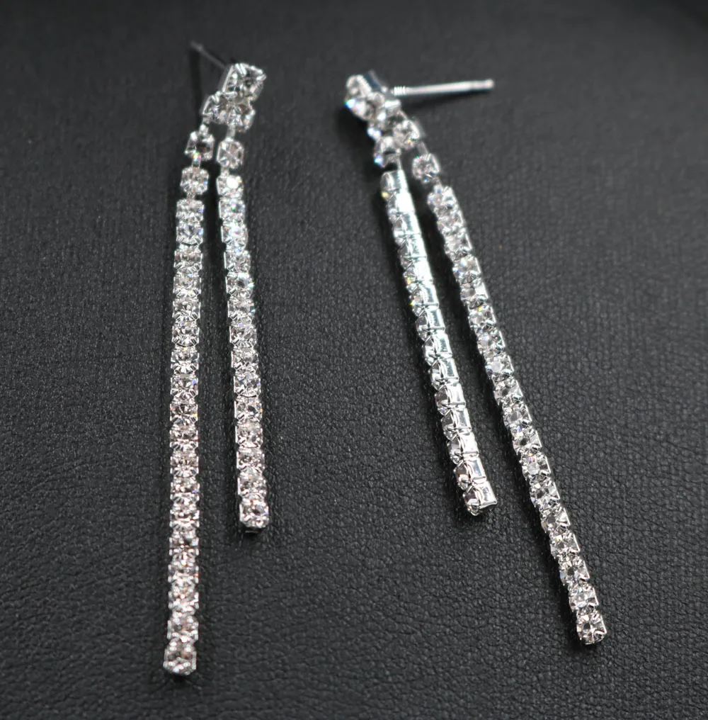 TREAZY Crystal Bridal Long Earrings Sparkling Silver Color Rhinestone Double Strips Dangle Earrings For Women Wedding Jewelry