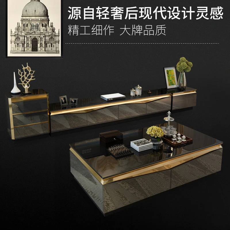 TV Stand modern Living Room TV monitor stand mueble stalinite gold stainless steel cabinet mesa+tv table+Coffee centro Table