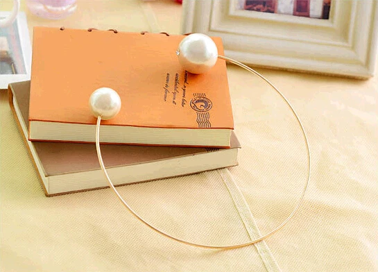 Double Big Simulated Pearl Adjustable Golden Opening Hoop Choker Punk Necklace for Women
