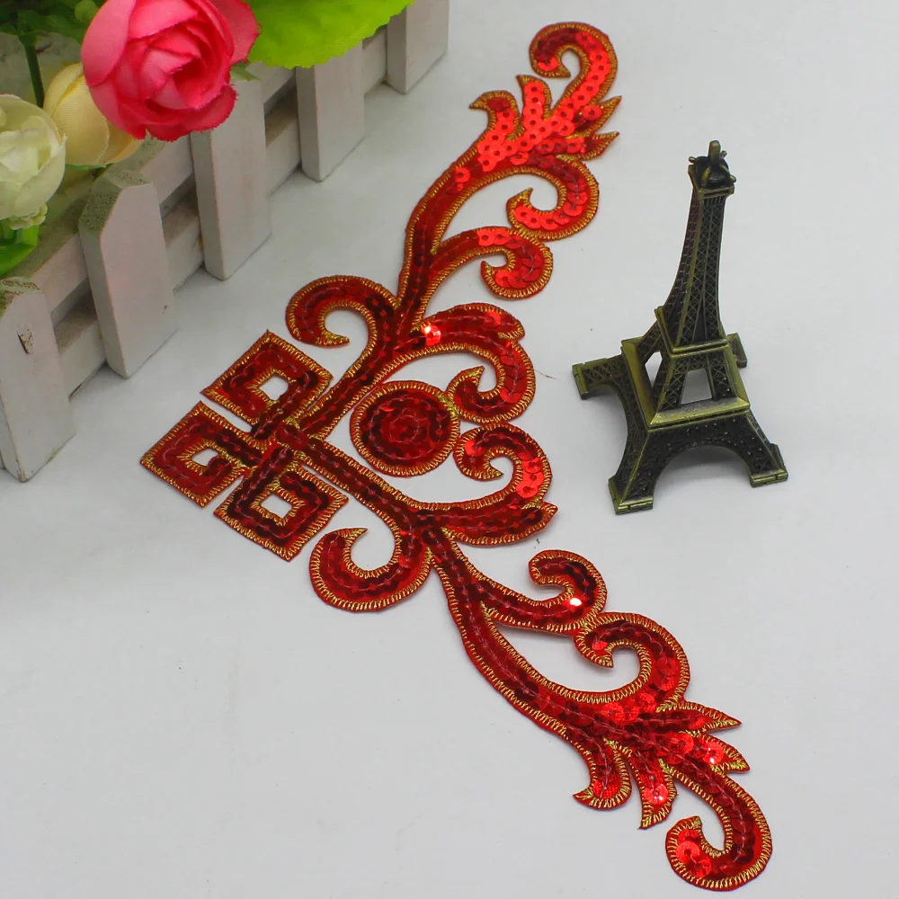 1 Piece Sequined Applique Gold Embroidery Patches Trims Iron on Cosplay Costumes For Dress 23.5*9cm