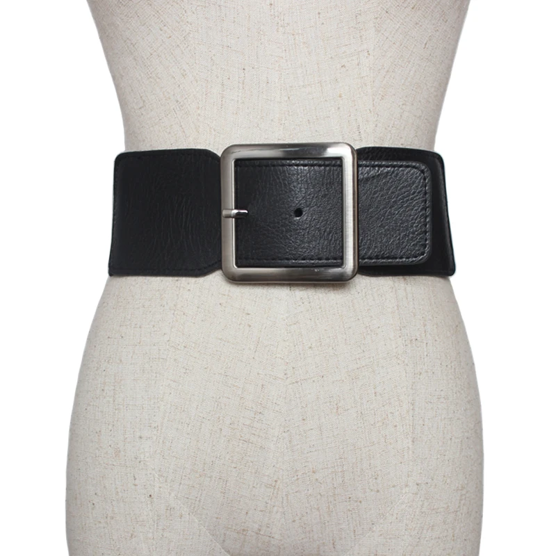 

New Lady Women Elastic Waistband Wide Waist Belt Retro big Metal Buckle Faux Leather black Winter accessories