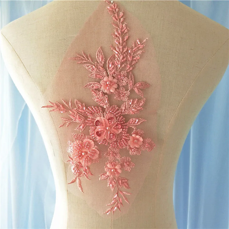 Elegant 3D Flower Embroidery Lace Applique, Pearl Beaded Lace, Trim Dress Fabrics, Material Colors, 28*16.5cm, 1 Pc