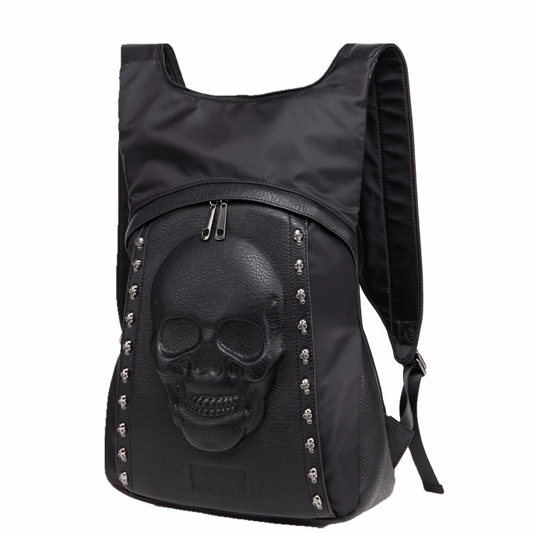 New  Fashion Personality 3D Skull Leather Backpack Rivets Skull Backpack With Hood Cap Apparel Bag Cross Bags Hiphop Man 585