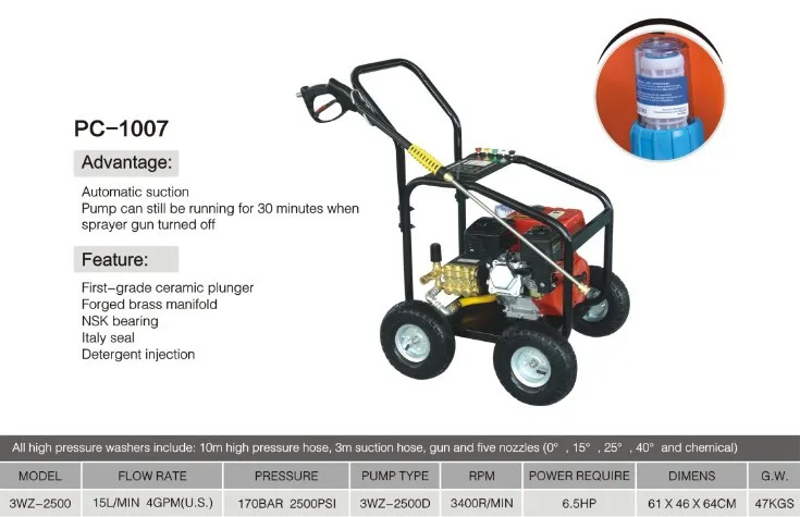 غسالة الضغط الصناعي PC-1007 مضخة المكبس 3WZ-2500 170Bar 15L/min غسالة الضغط العالي التجارية محرك 6.5HP