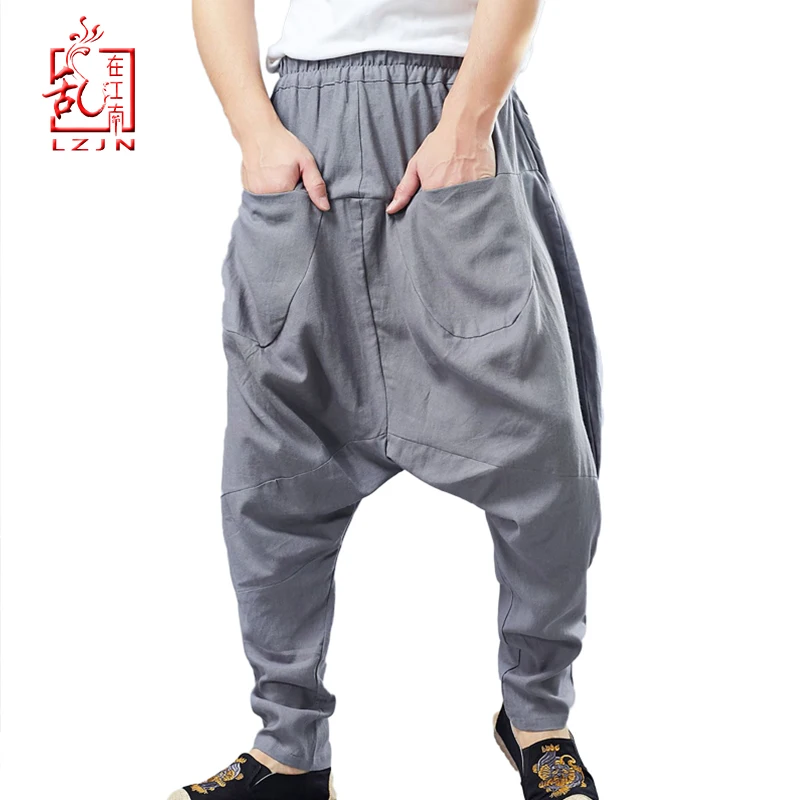 

LZJN 2019 Men Harem Pants Linen Trousers Elastic Waist Pockets Casual Loose Drop Crotch Joggers Men Streetwear Hip-hop Pants