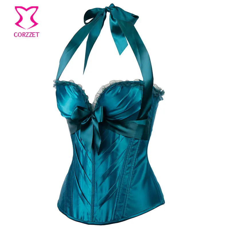 Green Satin Bows Halter Push Up Corsets And Bustiers Corpetes E Espartilhos Plus Size Corset Lingerie Sexy Korsett For Women 6XL