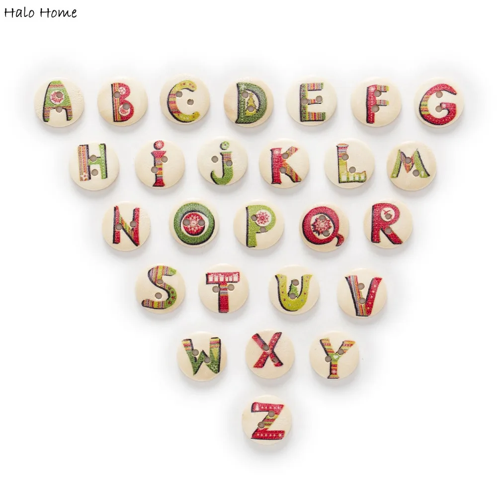 Mixed 50pcs 2 Hole Xmas/Bubble Alphabet/Letter Round Wood Buttons Sewing Scrapbooking Home Clothing Decor Card Making DIY 15mm