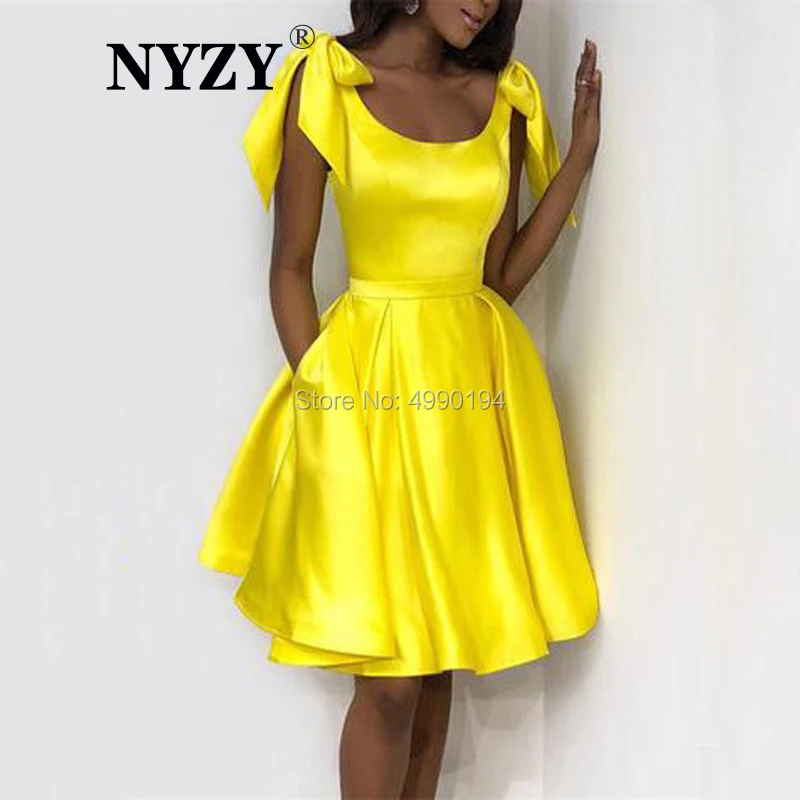 

vestido curto Yellow Cocktail Dresses NYZY C157 Satin Bow Straps Pocket Dress Party Homecoming Graduation robe de soiree courte