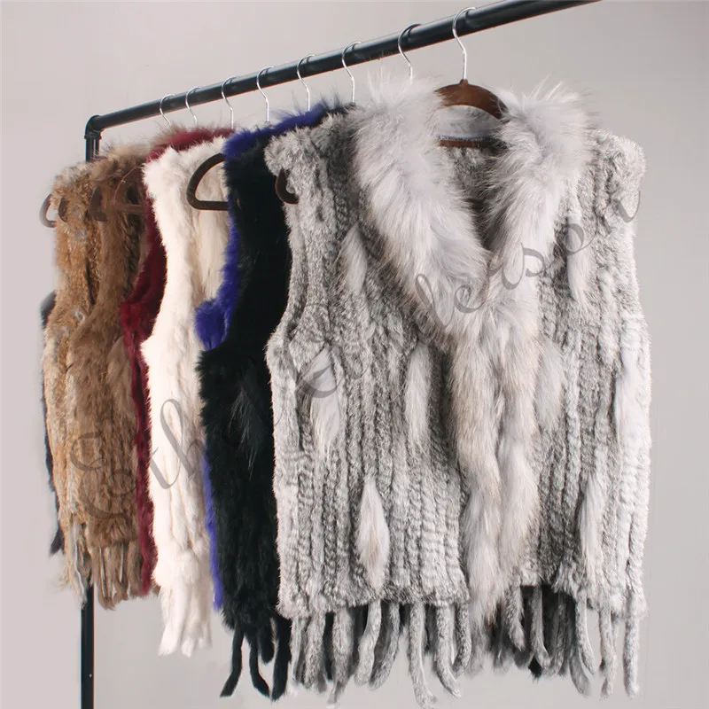 ETHEL ANDERSON Genuine Women\'s Rabbit Fur Vest Gilet Tassels Real Fur Coat Kintted Waistcoat Raccoon Fur Collar Outwear