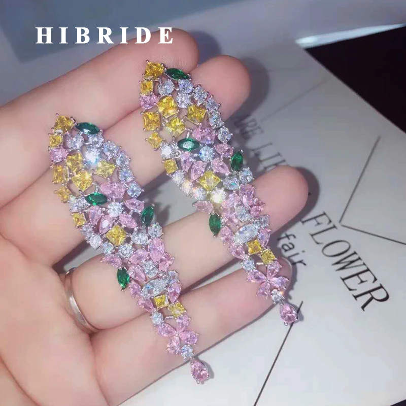 

HIBRIDE Sparkling Cubic Zircon Colorful Bridal Drop Earrings For Women Fashion Brincos Wedding Engagement Jewelry E-889