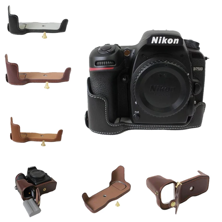 New Genuine Leather Camera Case Bag For Nikon D7500 Half Body Camera Bag Bottom Cover Open Battery Design