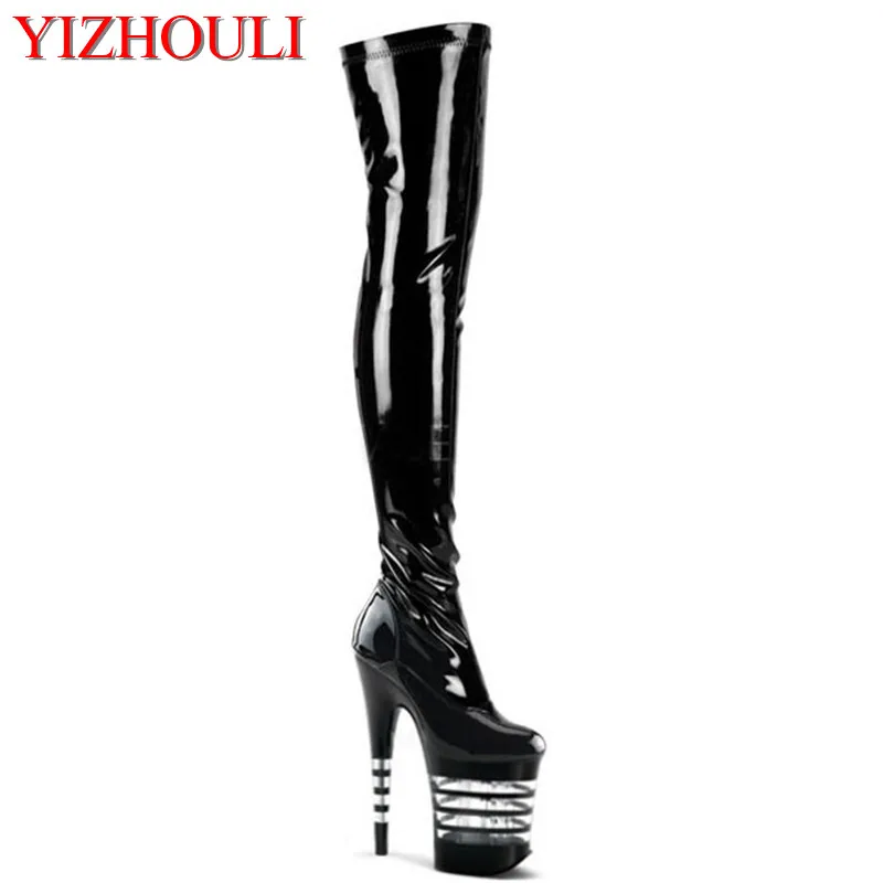 Women's shoes are 20 cm high, high heel knee boots, stylish zipper, platform stripe paint decoration, high heel boots