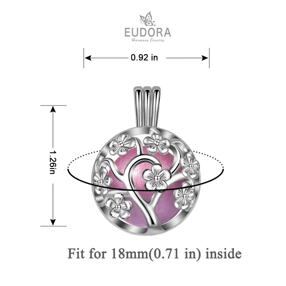 Eudora 18mm fashion Harmony Bola Ball Peach Tree Locket Cage Pendant fit Chime Ball sound Necklace Jewelry For Women K307N18