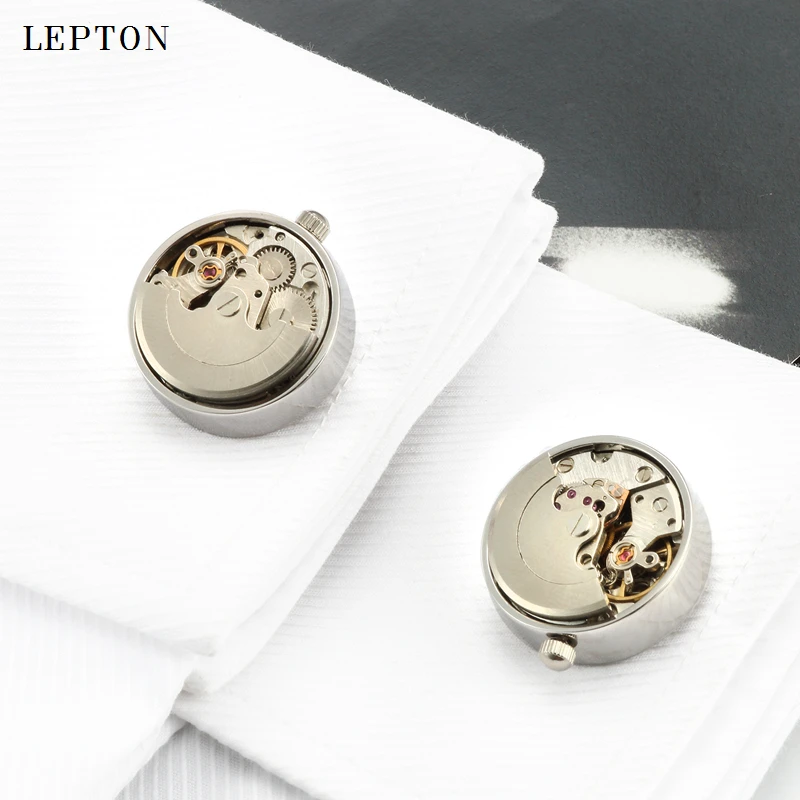 High quality Functional Watch Movement Cuff links Lepton Brand Stainless Steel Steampunk Gear Watch Mechanism Cufflinks for Mens