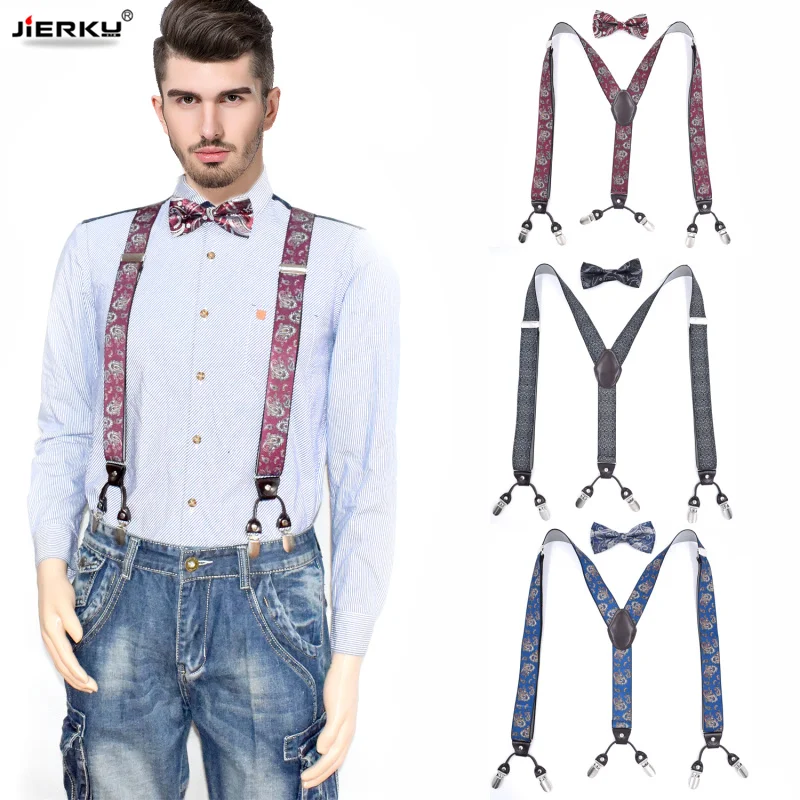 Man's Suspenders Set leather 6 clips Braces with Bow Tie Male Vintage Casual Suspensorio Trousers Strap Father/Husband's Gift s