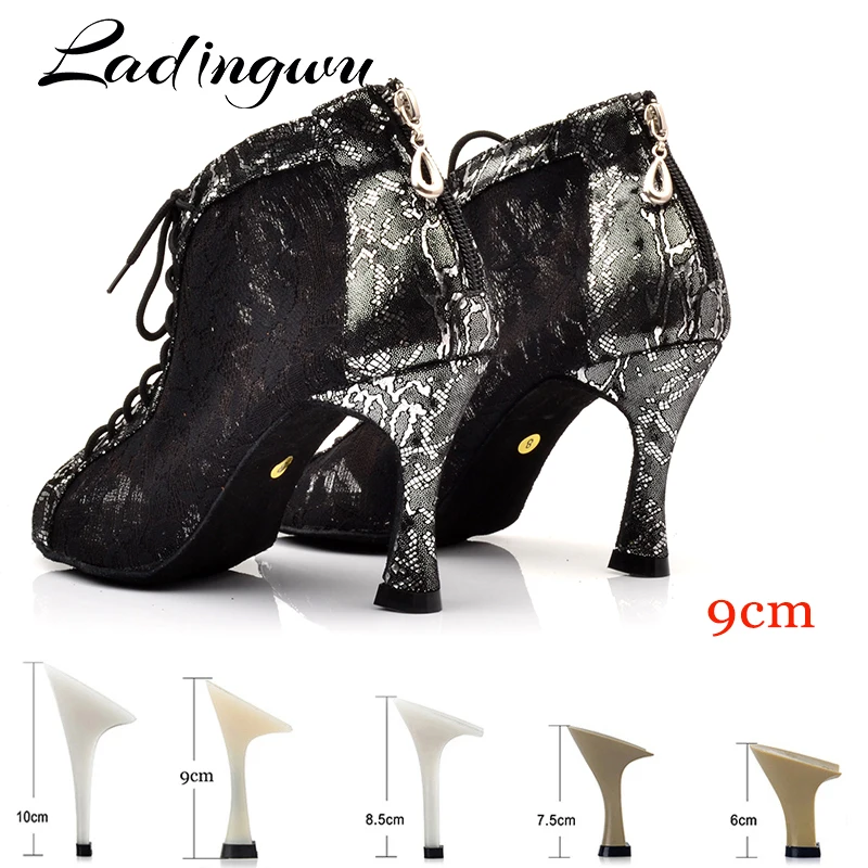 Ladingwu Latin Dance Shoes Wonen Black White Lace Dance Boots Ladies Comfortable Ballroom Paty Dancne Shoes Salsa Shoes Woman