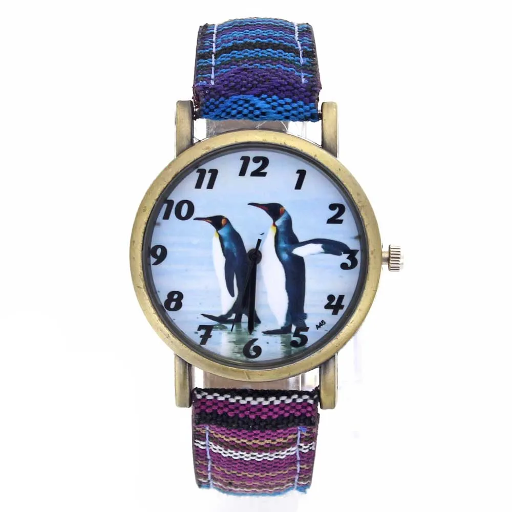 Penguin Pattern Antarctic Animal King Penguins Fashion Casual Men Women Canvas Cloth Strap Sport Analog Quartz Watch
