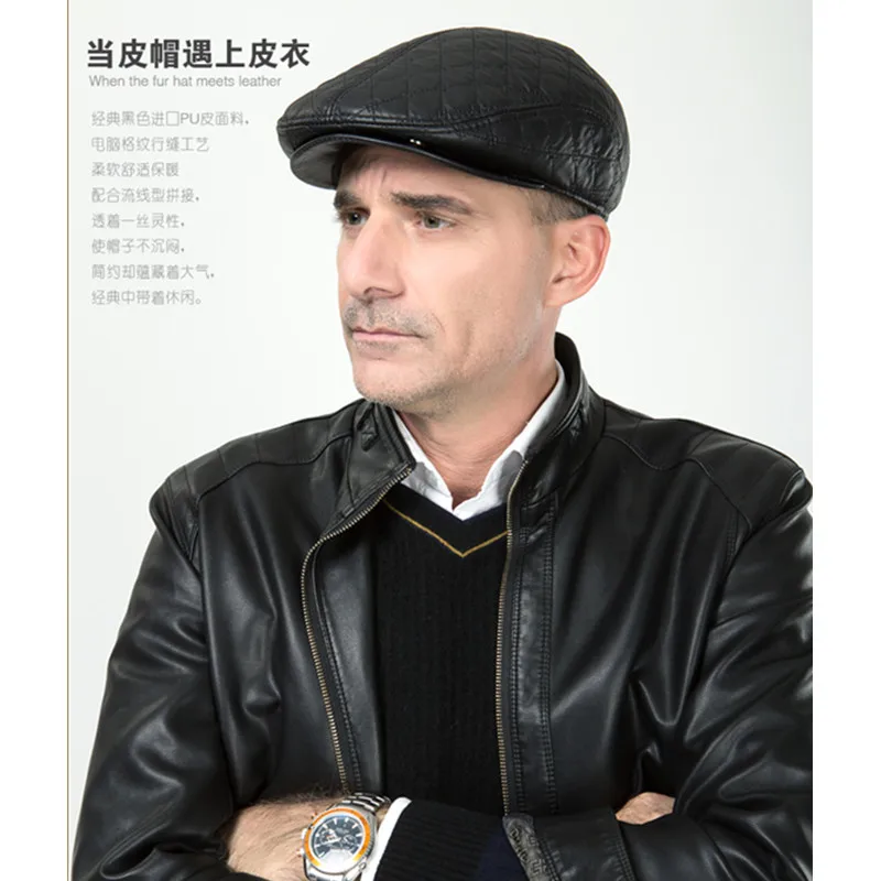 

Men's Fashion Fur Hat Students Black Leather Octagonal Hat Middle-aged Visors Cap Men's Winter Warm Painter Cap B-0601