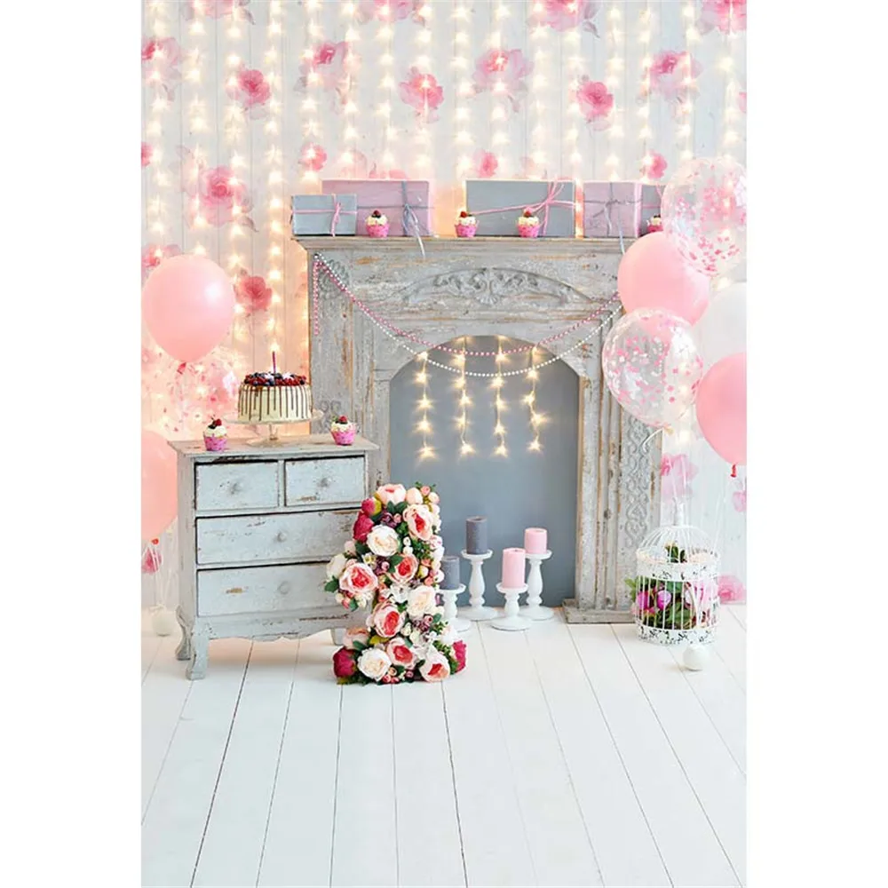 Baby Girl's Photography Backdrops 1st Birthday Printed Dessert Table Pink Balloons Glitter Hangings Kids Party Photo Background