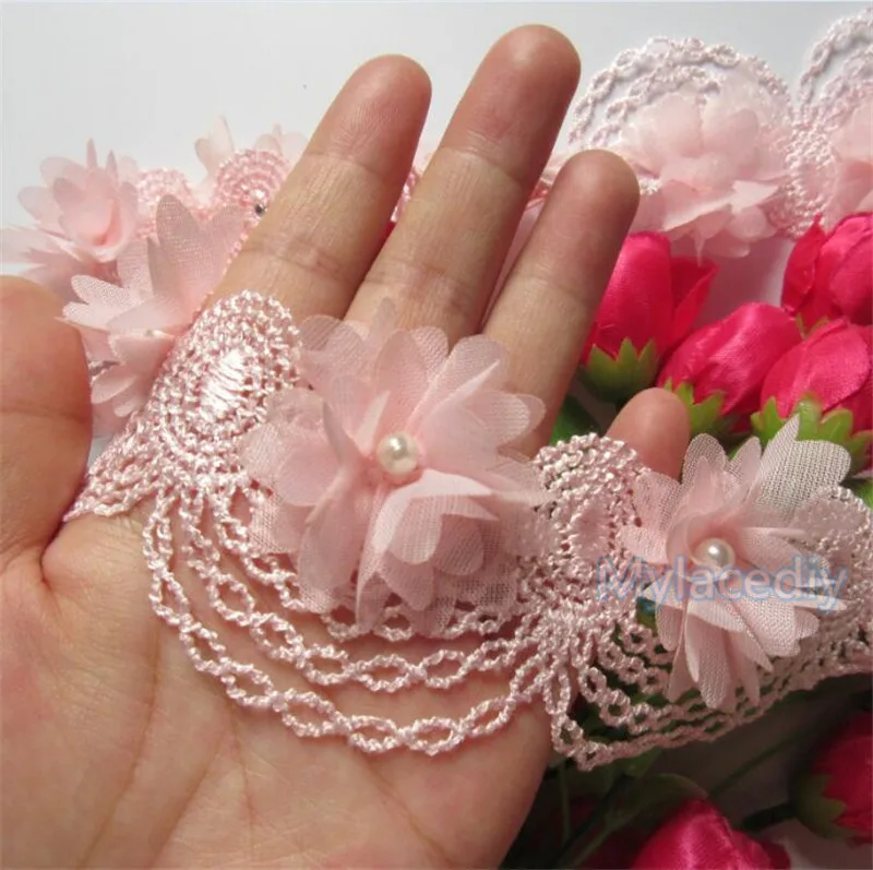 10x Pink Pearl Chiffon Flower Embroidered Lace Edge Trim Ribbon Floral Applique Fabric Handmade DIY Wedding Dress Sewing Craft