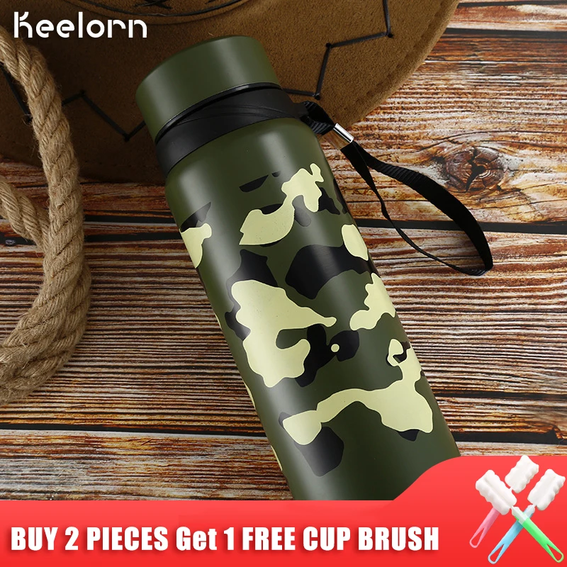 Keelorn 600ml 800ml Sports Camouflage Mug Quality Stainless Steel Lanyard Strap Vacuum flask Creative Simple Straight Cup