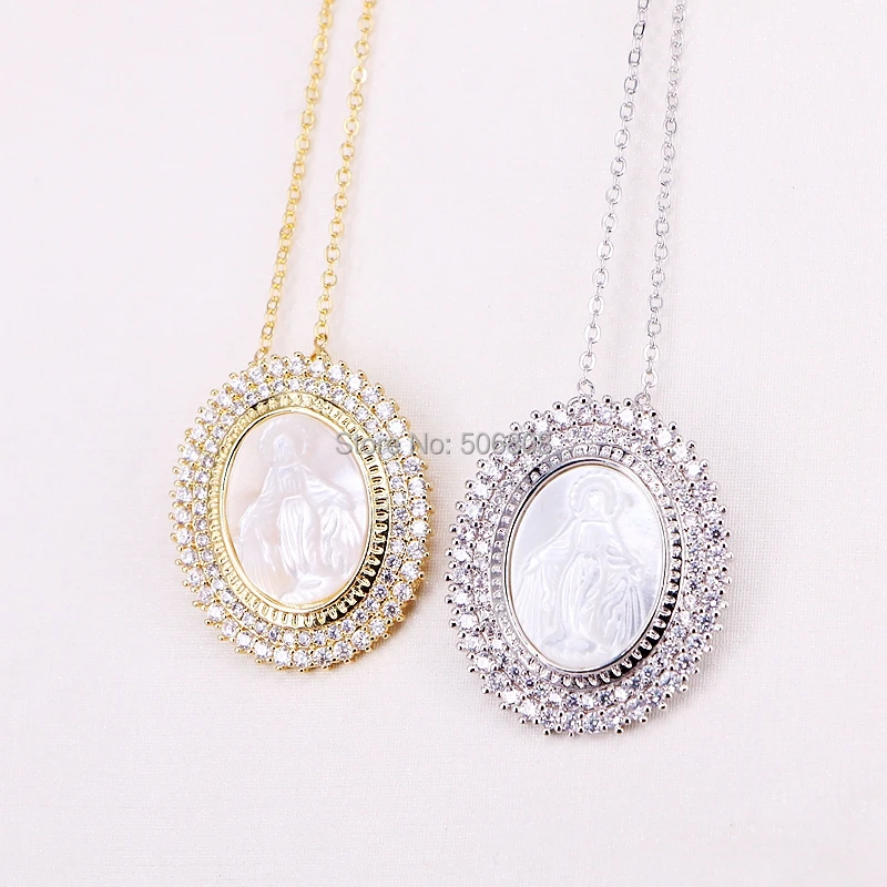 5 Strands ZYZ185-8730 / Gold Silver Color Natural White MOP Shell Carved Jesus Pendant Fashion Necklace