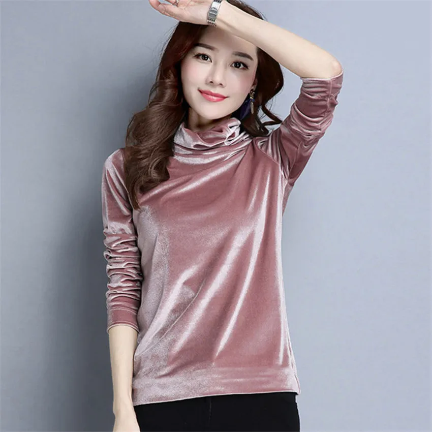 Gowyimmes סתיו נשים קטיפה זהב חולצה סקסית נשים גולף חולצה ליידי שרוול ארוך Blusas צמרות בסיסיות בסוודרים Bottomings 466