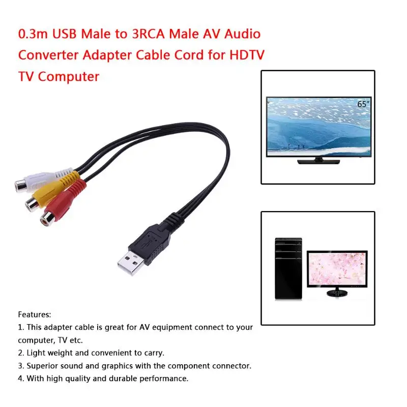 1 sztuk USB męski na 3 RCA żeński przejściówka adapter konwerter audio wideo kabel av przewód zasilający USB na RCA kabel do hdtv