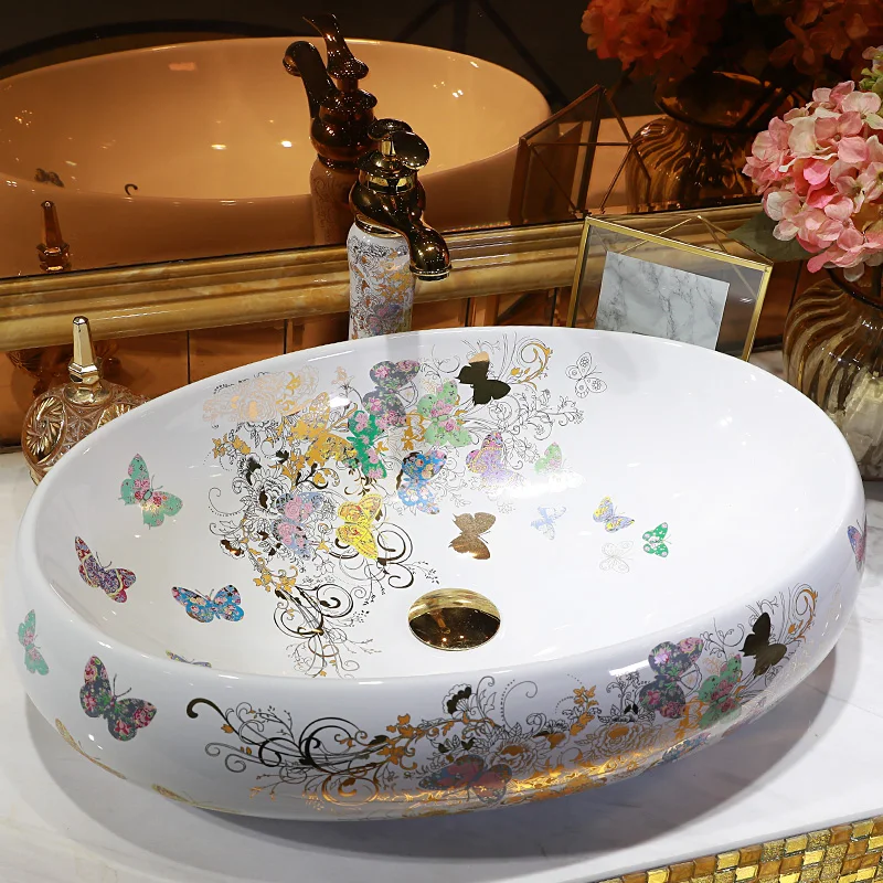 

Europe style luxury bathroom vanities chinese Jingdezhen Art Counter Top ceramic wash basin table top oval