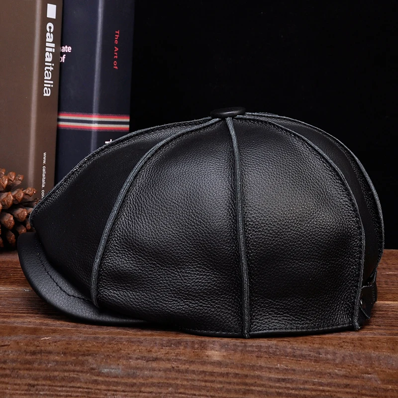 HL058 MEN\'S Genuine Leather Baseball Cap Hat Brand New Real Leather Beret Caps Hats