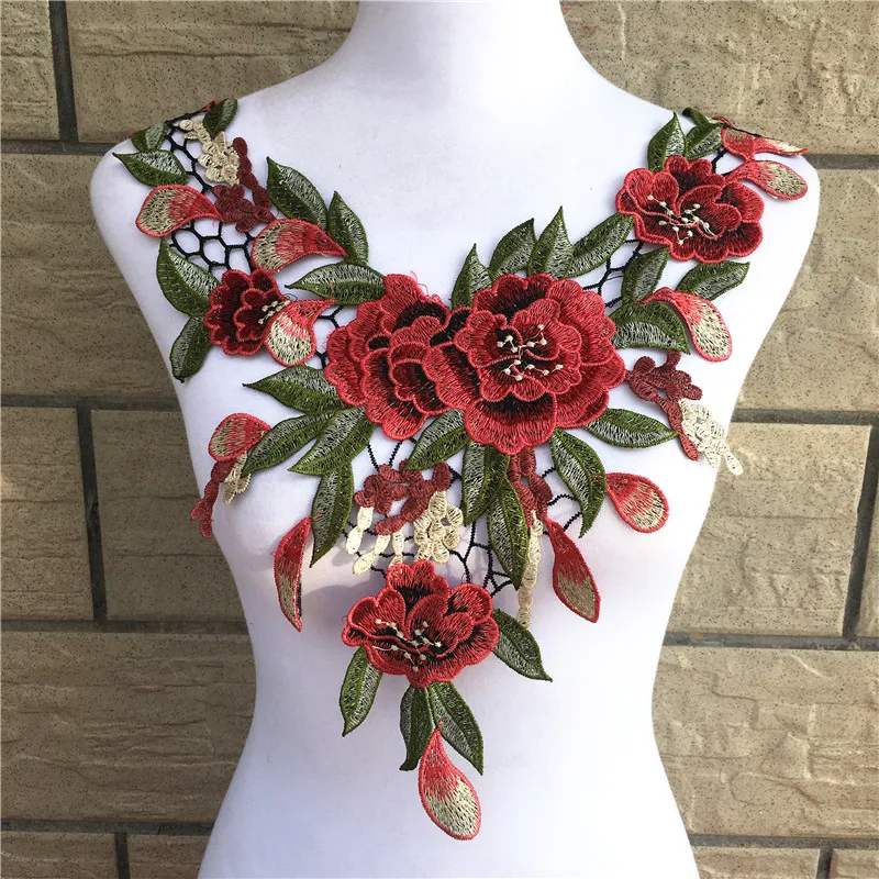 1pc Green/Red Flower Embroidery Applique Pacthes Lace Fabric Neckline Collar Motif Scrapbooking Diy Clothes Sewing
