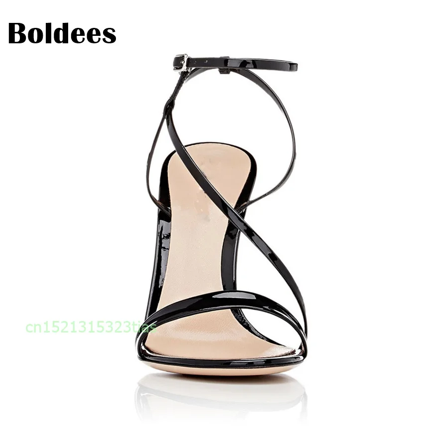 

Concise Black Gold Patent Leather High Heels Sandals Women T Ankle Strap Summer Dress Shoes Woman Open Toe Sandals