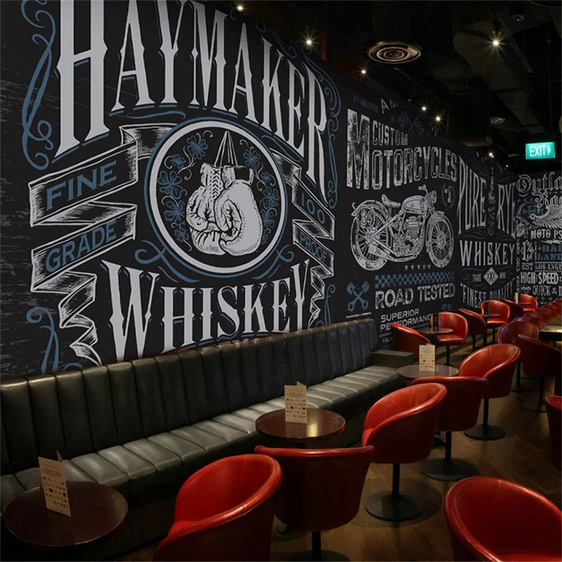 custom Personality retro mural wallpapers motorcycle locomotive restaurant cafe bar background Black letter wallpaper decoration