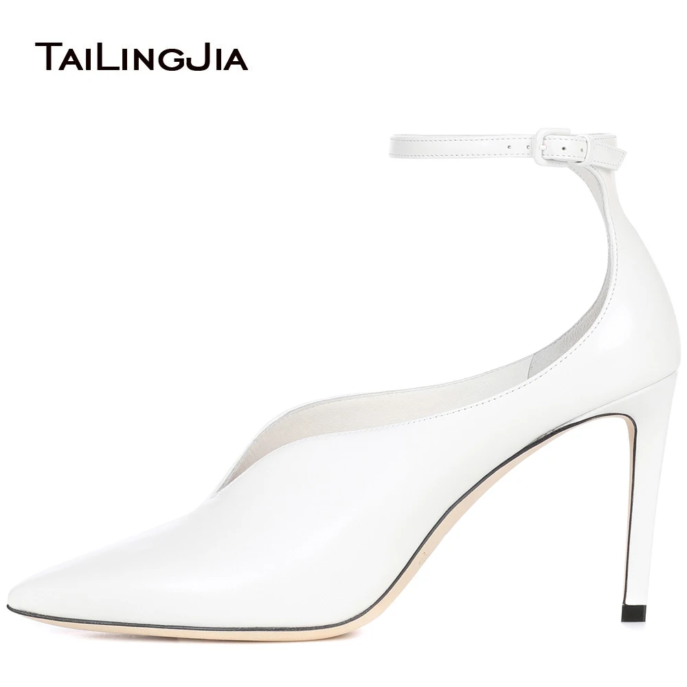 

Popular New Women Pumps Fashion Pointed Toe Lady Shoes White Black Thin High Heels Dress Women Buckle Strap Party Wedding Pumps