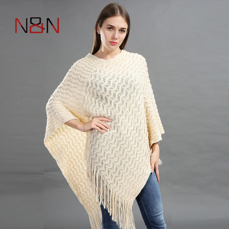 New Pullover Women Poncho Plus Size Batwing Solid Striped Sequins Scarf Winter Thick Tassel Sweater Sleeve Poncho And Capes