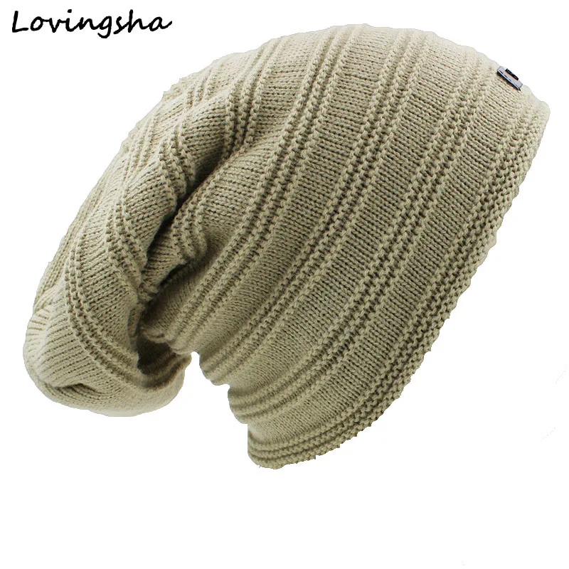 LOVINGSHA Striped Design Beanie Men's Faux Fur Warm Baggy Knitted Knit Skullies Bonnet Winter Hat For Women Men Winter Hat Cap