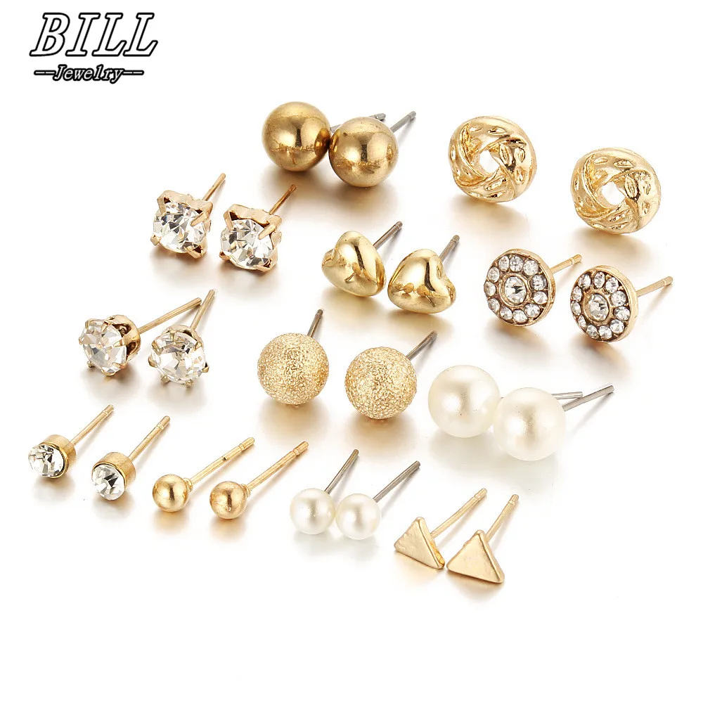 12 pairs/set Stud Earrings Sets For Women Fashion Ear Jewelry Crystal Ball Heart Simulated Pearls Brincos Triangle