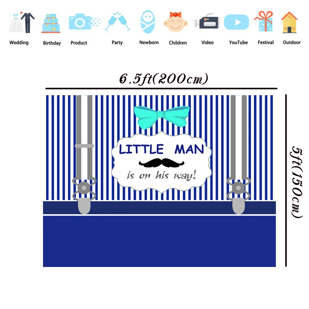 BEIPOTO Little Man Baby Shower Backdrop for Photography Mustache Background Blue  White Stripes Boys Birthday Party Banner HL-10