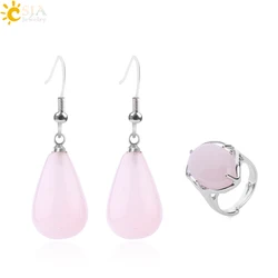 CSJA Reiki Natural Stone Jewelry Set for Women Pink Quartz Crystal Earring Finger Ring Waterdrop Shaped Romantic Lover F662