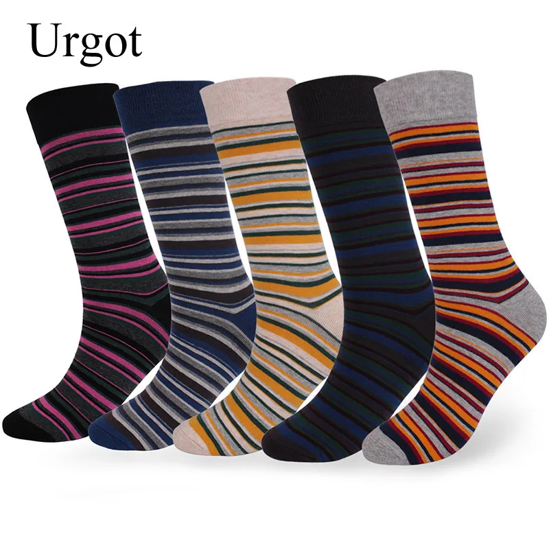 Urgot 5 Pairs Men\'s Socks Big Large Size 46,47,48 Autumn Winter Thick Odor-proof Male Socks Casual Stripe Middle Long Tube Socks