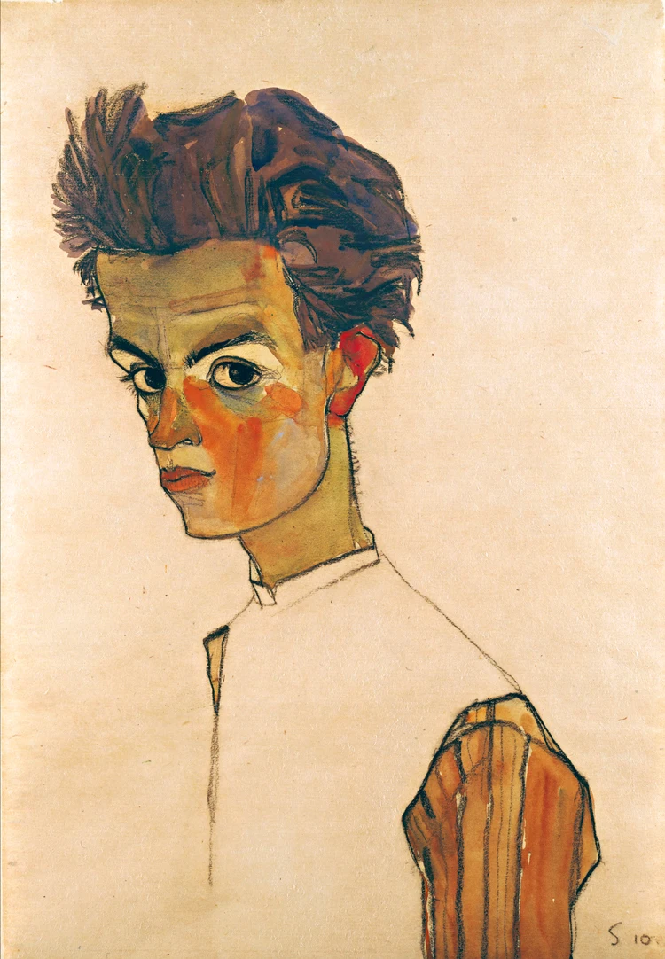 nude canvas paintings portrait picture modern art  home decor giant poster self-Portrait with Striped Shirt  By Egon Schiele