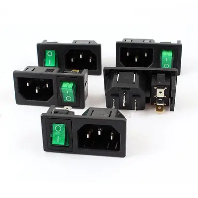 

5 Pcs Green Lamp Panel Mount Rocker Switch IEC320 C14 Power Socket AC 10A 250V