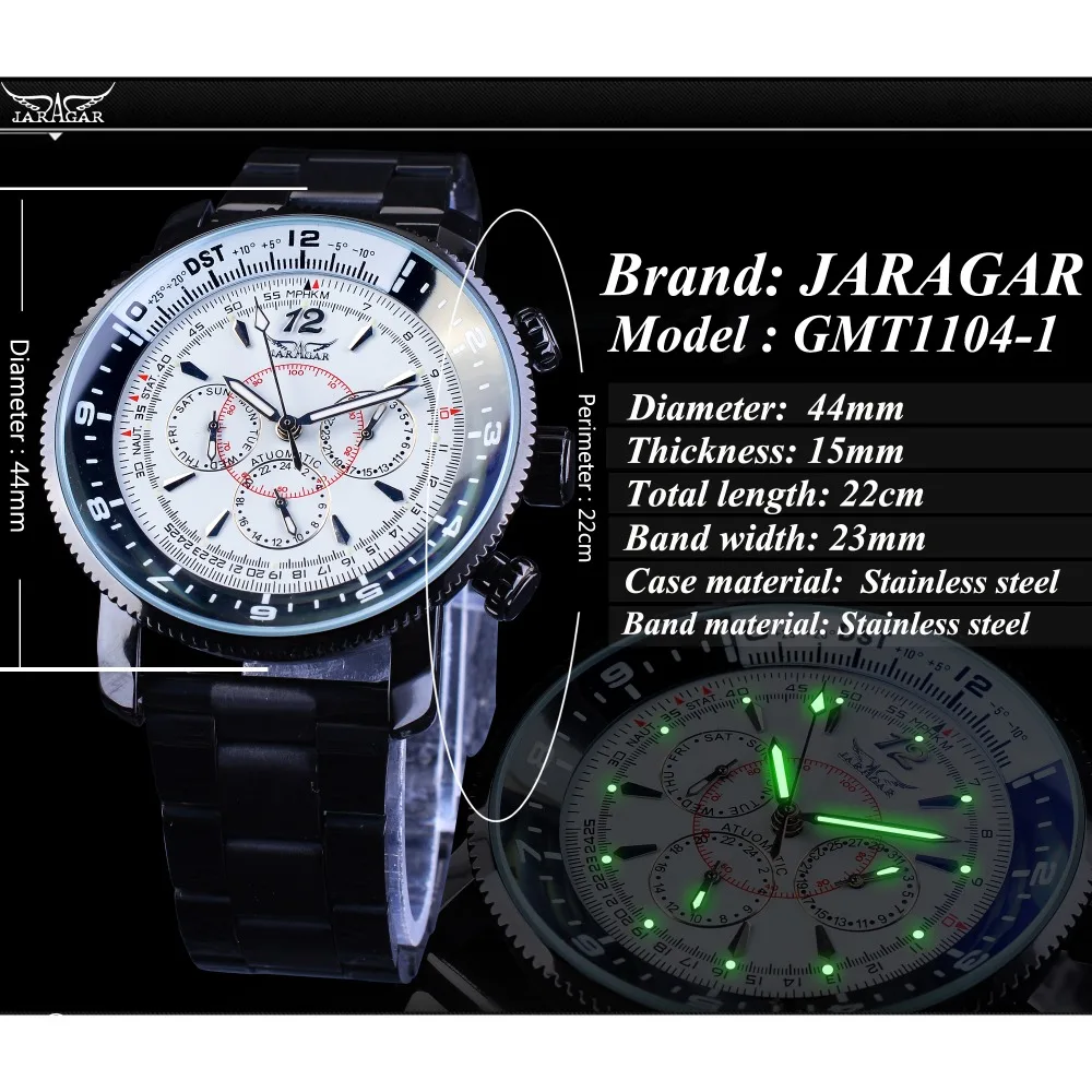 Jaragar Fashion Three Small Dial Date Week Hour Display Black Bracelet Men\'s Automatic Watches Luminous Hands Military Clock