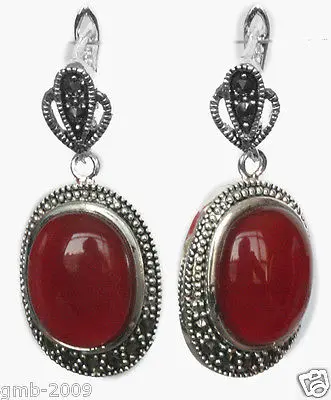 

beautiful 925 11/2" Silver Natural Red Natural jade Marcasite Earrings