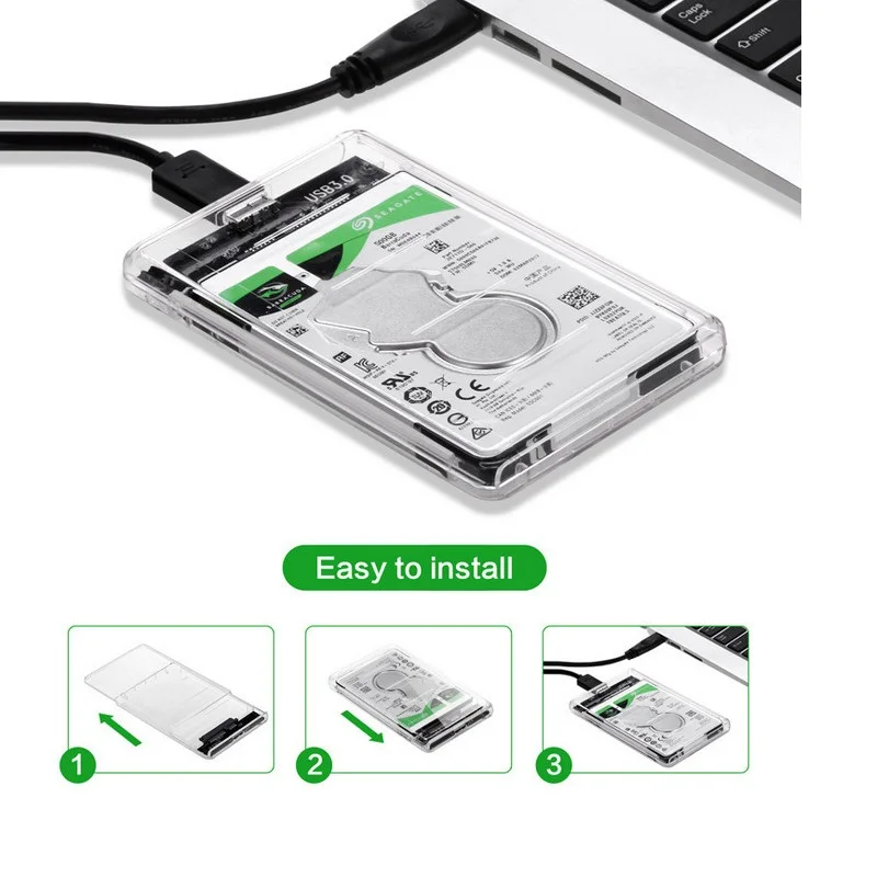 High Speed USB3.0 2.5" Transparent 5Gbps Sata HDD Case Hard Drive Enclosure Box with Micro-B to USB Cable Extern Memory Disk