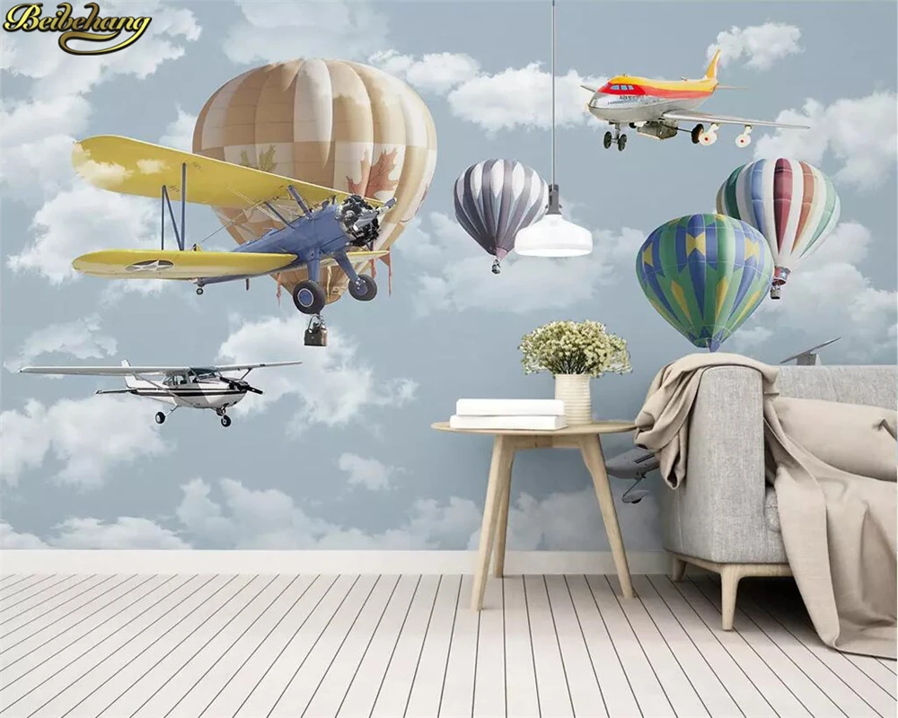 

Скандинавские пользовательские 3D обои с ручной росписью, мультяшный дизайн самолета и воздушного шара, декоративный фон для детской комнаты, настенное искусство