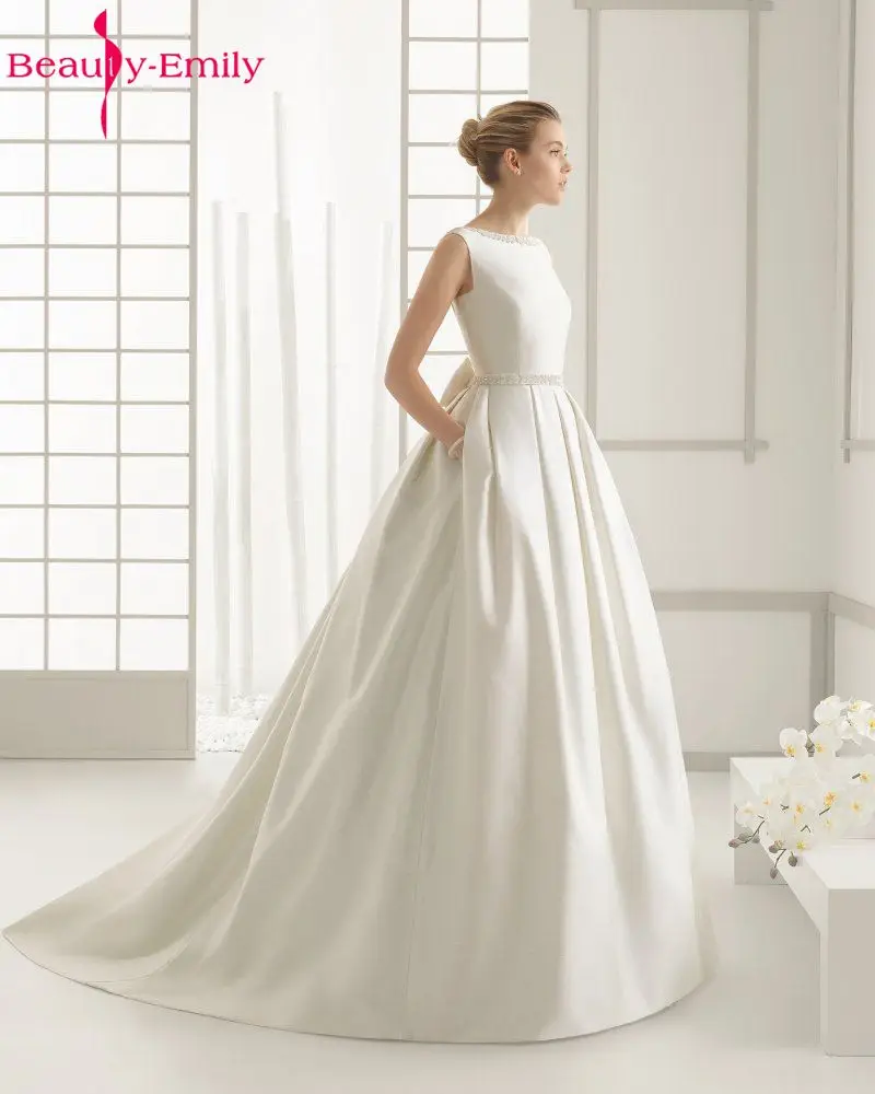 Beauty-Emily Hot sale Ivory Stain Wedding Dresses 2019 Floor-Lenth Court Train O-Neck Backless Bridal Gown Party Dresses