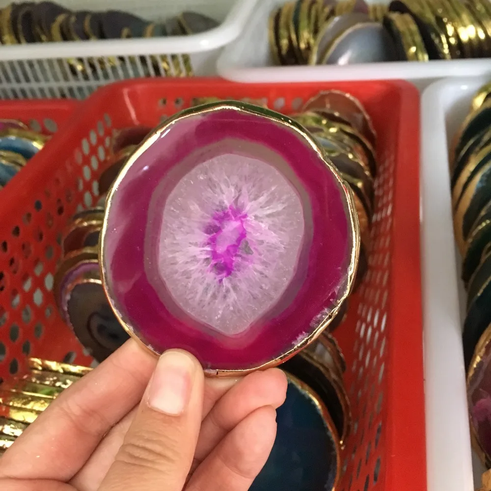 1pcs natural agate Geode piece insulated coasters crystal board jade agate coasters with gold-plated lace mineral trim